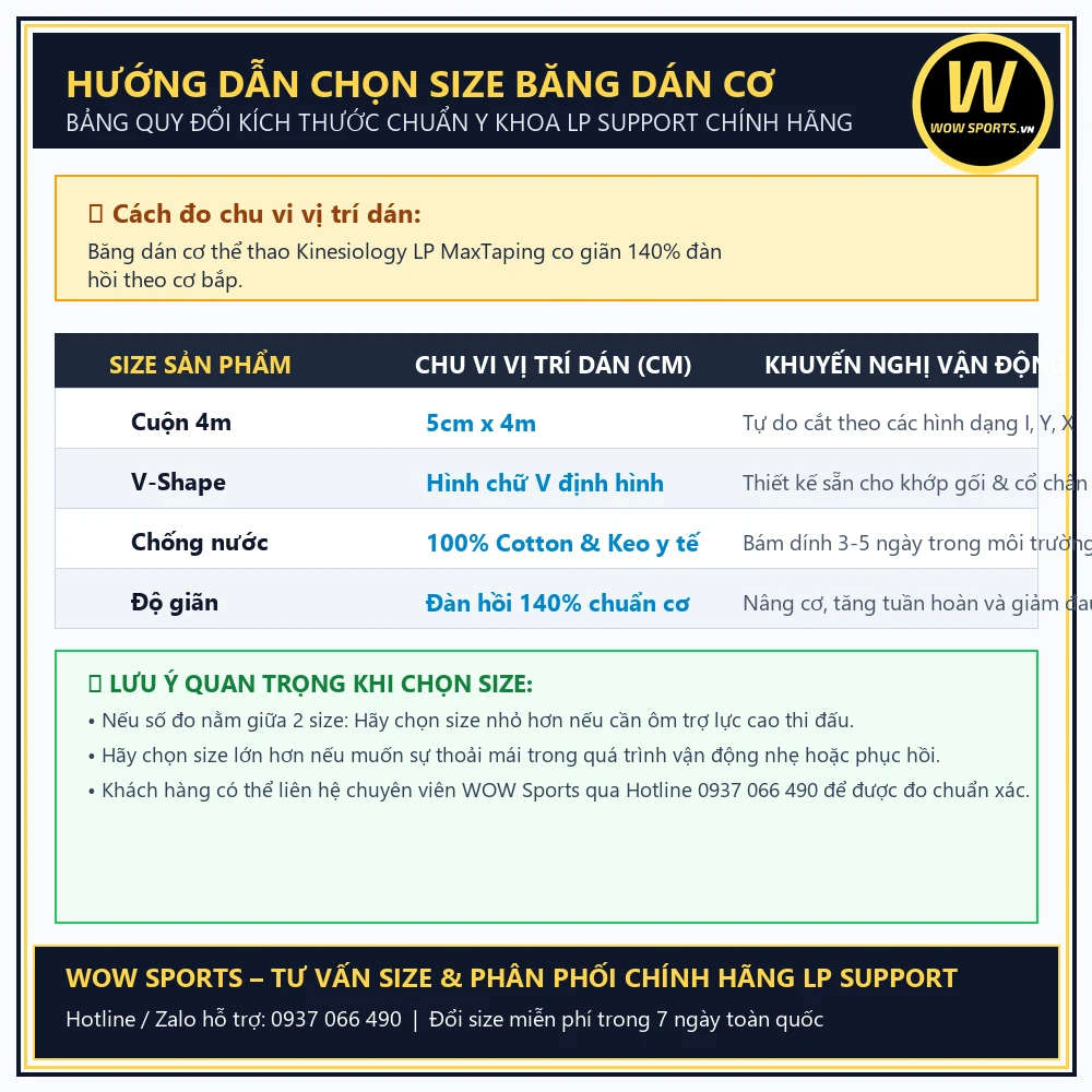 Bảng Hướng Dẫn Kích Thước Băng Dán Cơ Thể Thao LP MaxTaping - WOW Sports Quy cách và kích thước cuộn băng dán cơ kinesiology LP MaxTaping chính hãng
