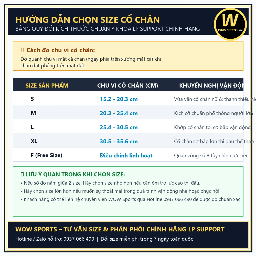 Bảng Hướng Dẫn Chọn Size Băng Cổ Chân LP Support - WOW Sports Bảng đo kích thước chu vi mắt cá chân chuẩn băng bảo vệ cổ chân LP Support