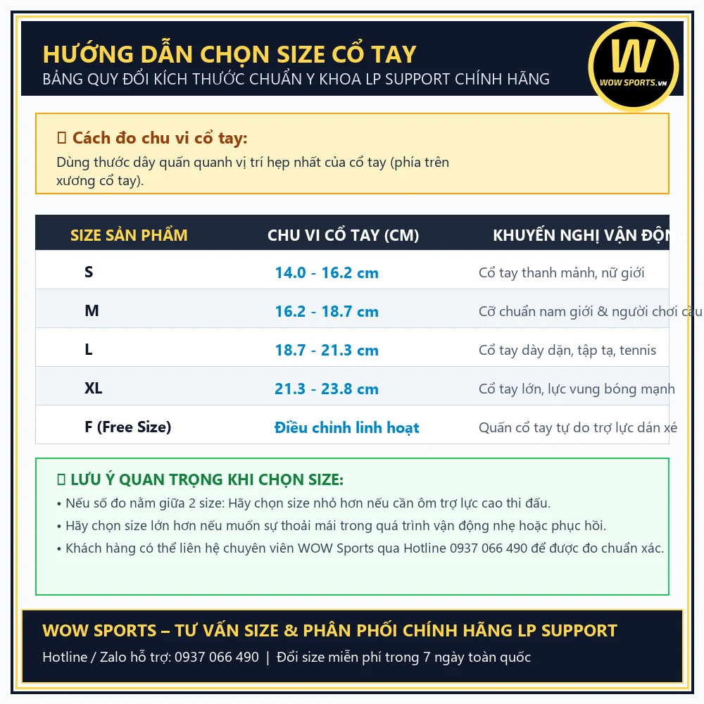 Băng Quấn Hỗ Trợ Ổn Định Cổ Tay LP 959 - LP Support 3 Bảng đo kích thước chu vi cổ tay chuẩn băng hỗ trợ cổ tay LP Support