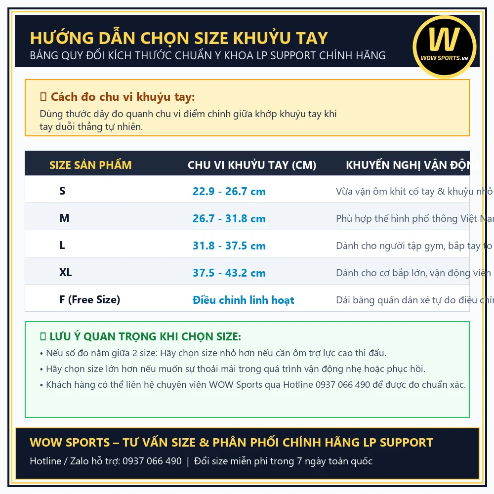 Bảng Hướng Dẫn Chọn Size Băng Bảo Vệ Khuỷu Tay LP Support - WOW Sports Bảng đo kích thước chu vi khuỷu tay chuẩn băng bảo vệ khuỷu tay LP Support
