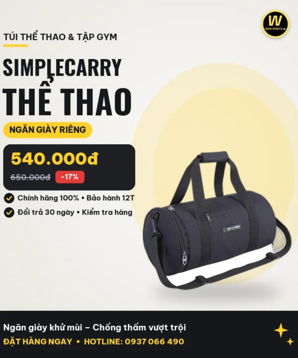 Túi Thể Thao SIMPLE CARRY Black - Ngăn Giày Riêng Biệt – Ngăn giày khử mùi – Chống thấm vượt trội – WOWSPORTS.VN
